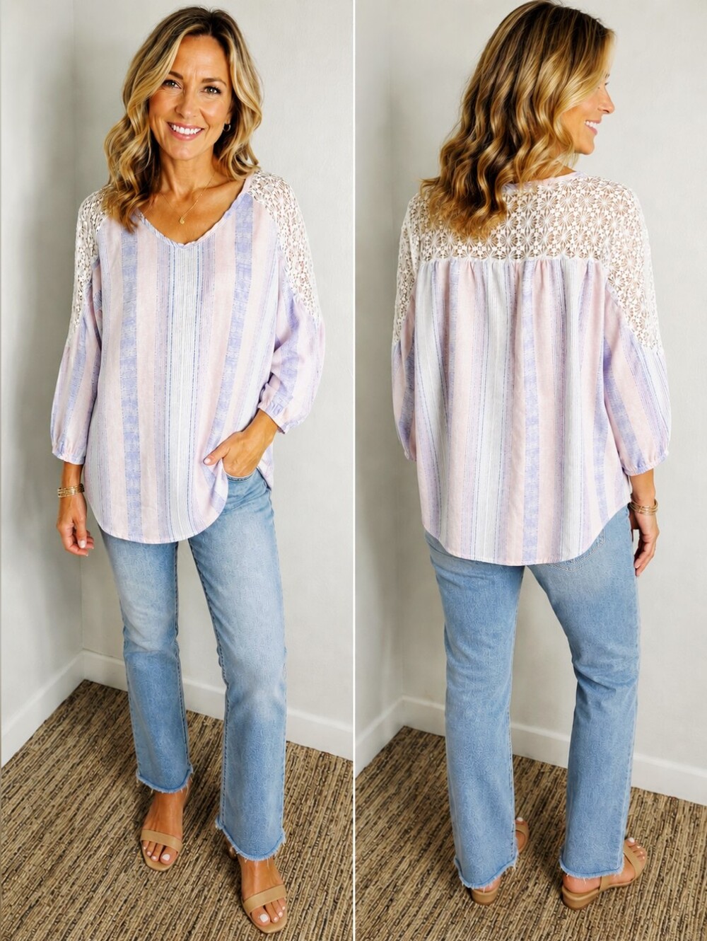 Carole Christian Light Pink & Purple Tunic, Lace on Sleeves & Top Back, Sz Large